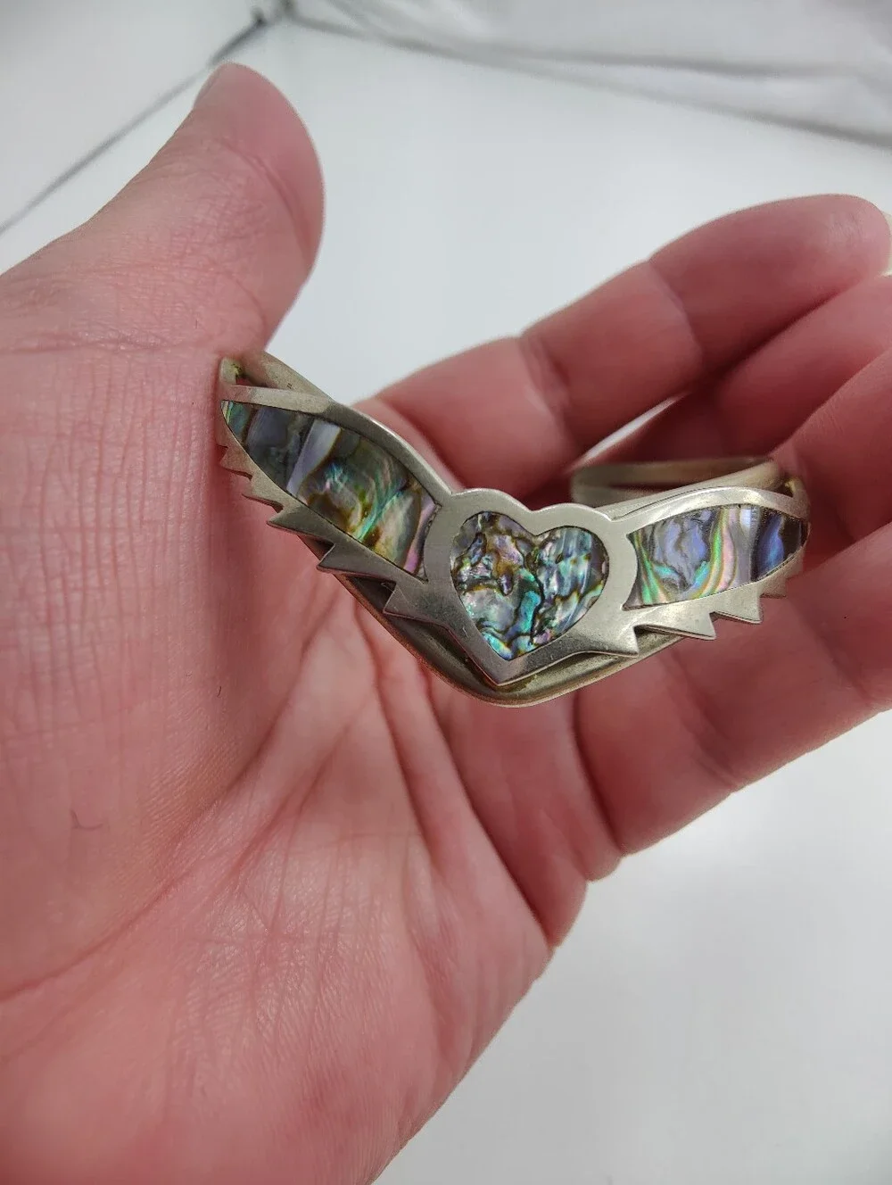 Vintage Mexico Abalone Shell Heart Wing Cuff Bracelet Alpaca Silver Tone